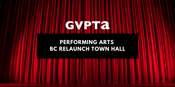 Performing Arts BC Relaunch Town Hall promo with red theatre curtain and spotlight in background