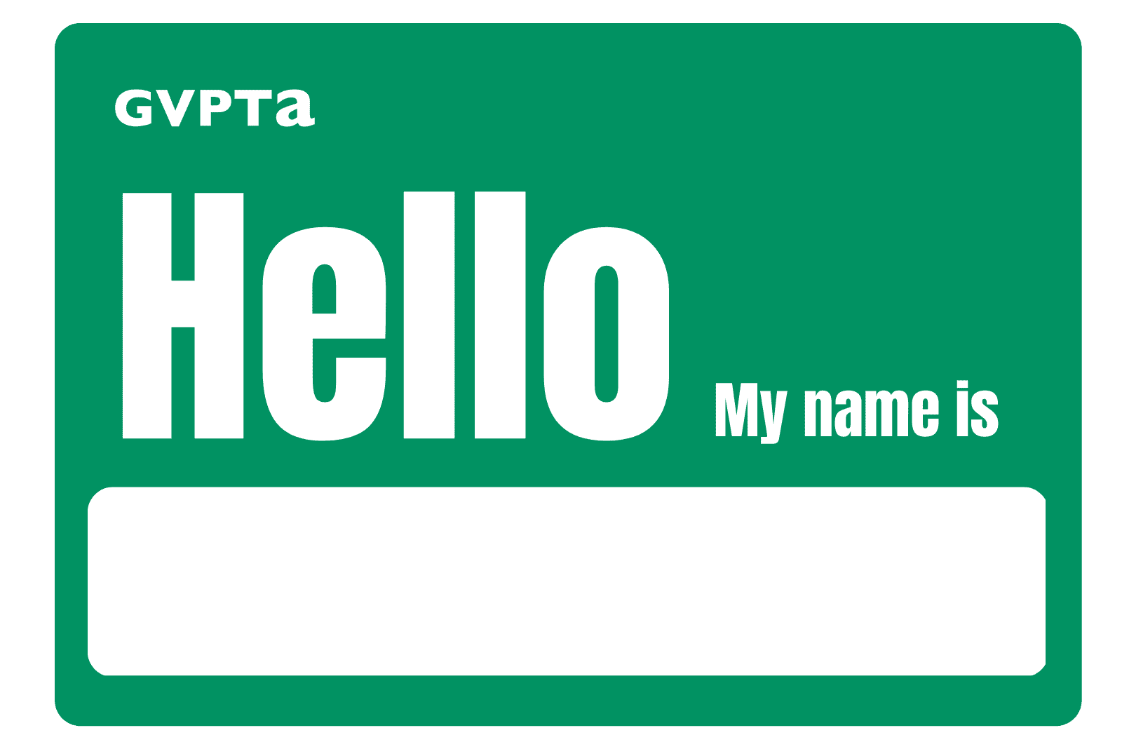 Green nametag with Hello, my name is