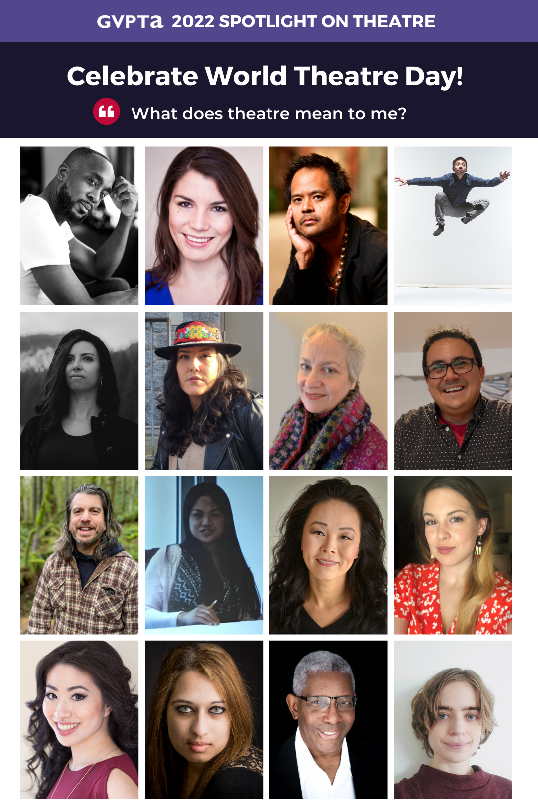 A grid of faces of theatre practitioners participating in the 2022 GVPTA Spotlight on Theatre program